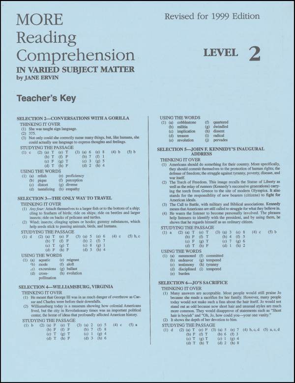 More Reading Comprehension Level 2 KEY