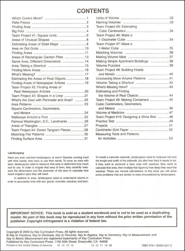 Key to Metric Measurement Book 3: Finding Area and Volume Using Metric ...