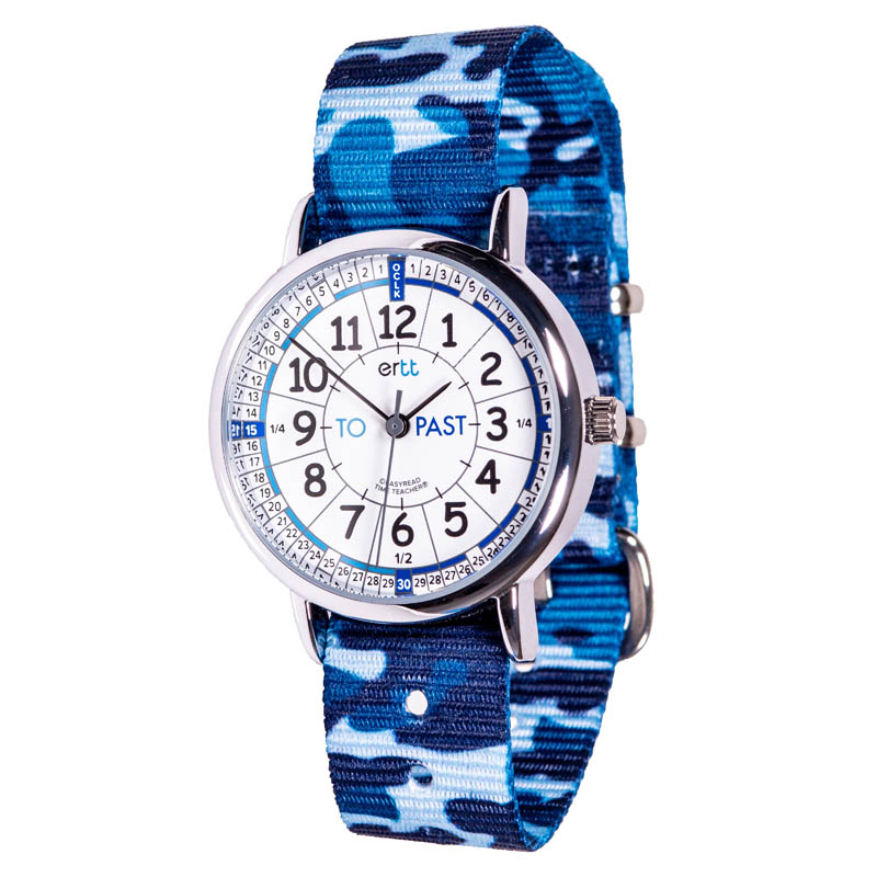 EasyRead Time Teacher Past & To Camo Watch - White/Blue Face, Blue Camo Strap