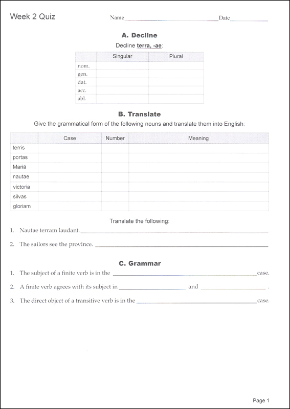 Henle Latin I Quiz/Exam Packet (Units I-II) | Memoria Press | 9781615381401