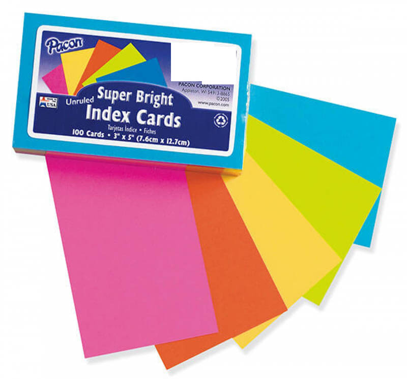 Index Cards 3 x 5 - Assorted Colors, unruled (Set of 100)