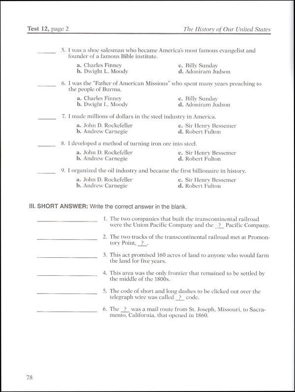 History Of Our United States Quizzes/Tests (4th Edition) | A Beka Book