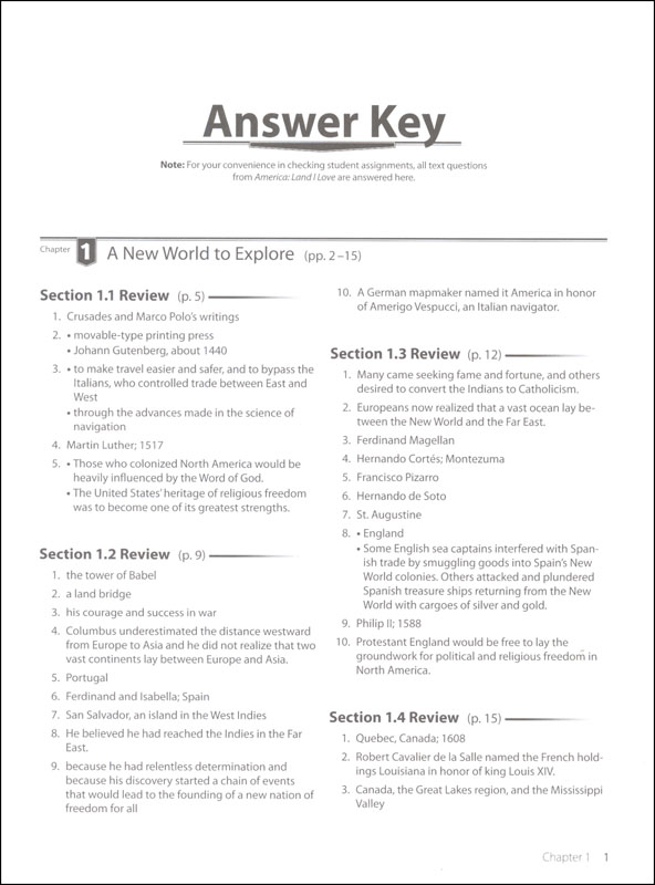 America: Land I Love In Christian Perspective Answer Key 