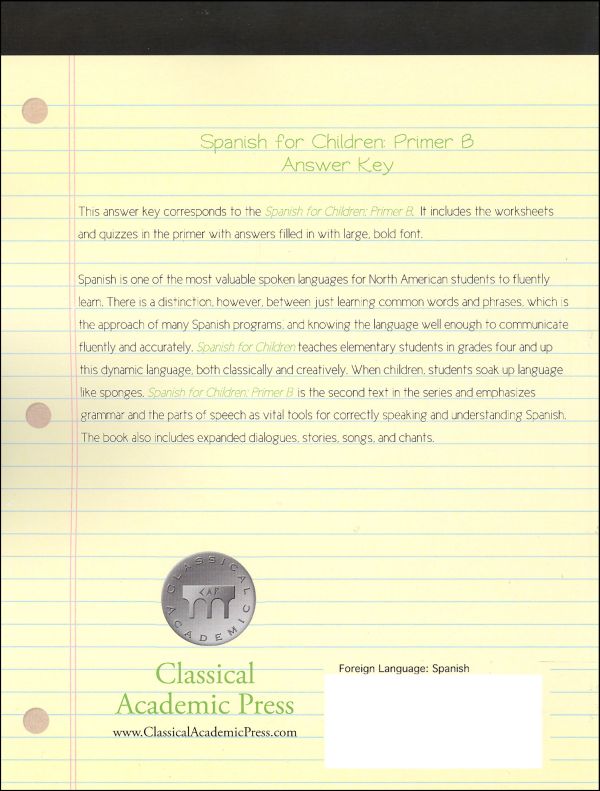 Spanish for Children Primer B Answer Key Classical Academic Press