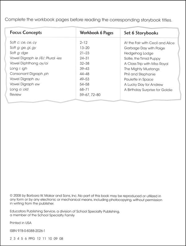 Primary Phonics Workbook 6 | Educators Publishing Service | 9780838820261