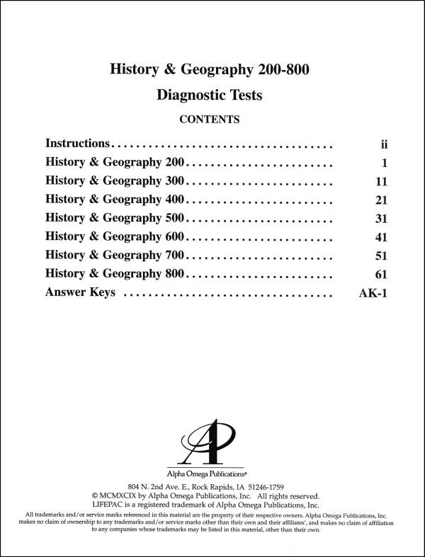 History & Geography LIFEPAC Diagnostic Test Grades 28 Alpha Omega