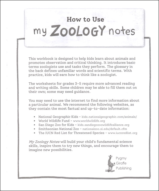 My Zoology Notes - Grades 3-5 | Pygmy Giraffe Publishing | 9780578935492