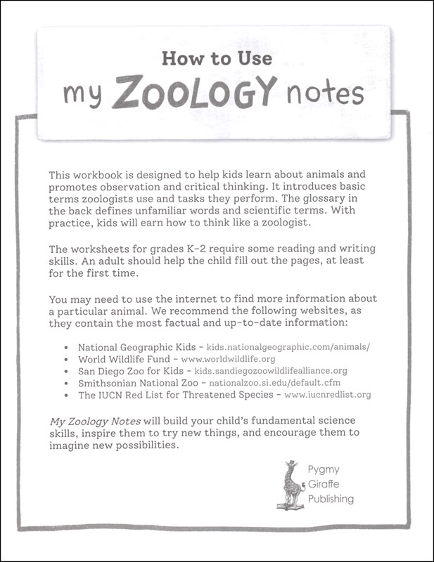 My Zoology Notes - Grades K-2 | Pygmy Giraffe Publishing | 9780578907345