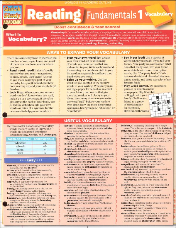 Reading Fundamentals 1 Vocabulary Quick Study Bar Charts