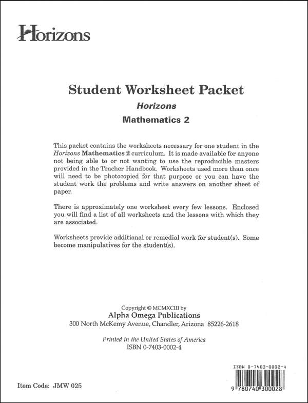 Horizons Math 2 Worksheet Packet