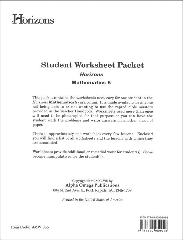 Horizons Math 5 SET of 2 Student Workbooks 5-1 and 5-2 