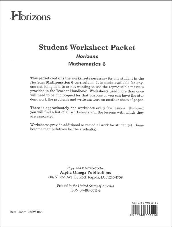 Horizons Math 6 Worksheet Packet