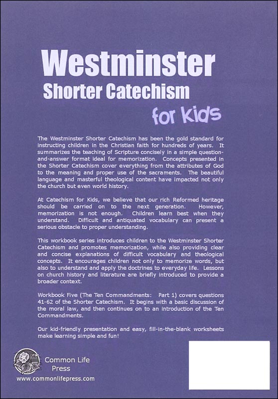 Westminster Shorter Catechism for Kids Workbook #5 The Ten Commandments ...