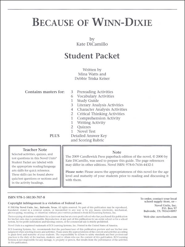 Because of Winn-Dixie Student Pack | Novel Units | 9781581307078