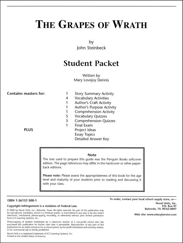 Grapes of Wrath Student Pack Novel Units 9781561373000