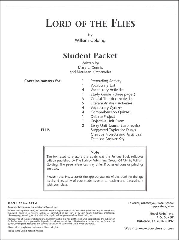 Lord Of The Flies Student Pack Novel Units 9781561373840 lord-of-the-flies-student-pack-novel-units-9781561373840