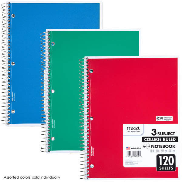 Mead Spiral Notebook 3 Subject, 120 Sheets, College-Ruled, 11"x8" (assorted colors)