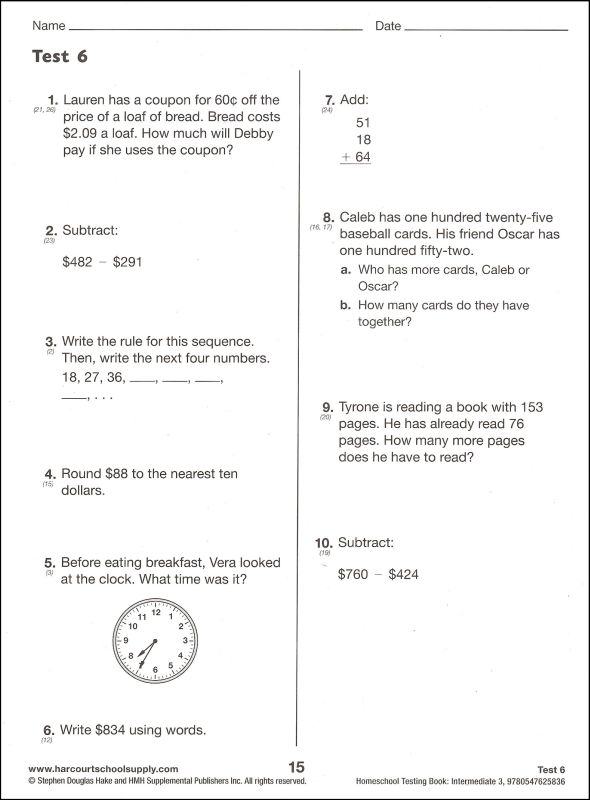 Saxon Math Intermediate 3 Homeschool Test Bk Saxon Publishers 