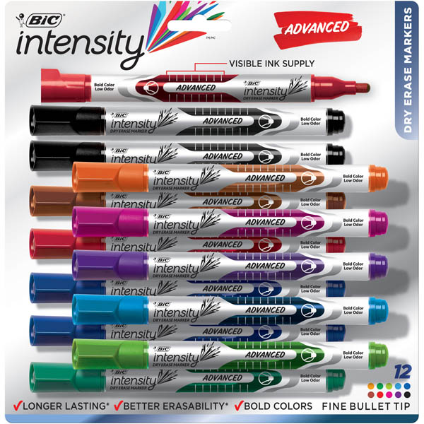 BIC Intensity Dry Erase Markers - Pocket Fine Tip Assorted Colors (12 pack)