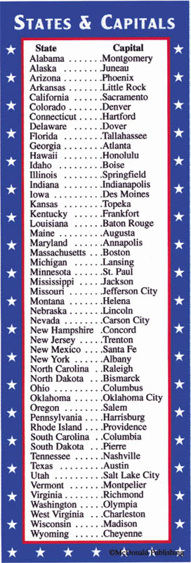 States & Capitals/Presidents Bookmark