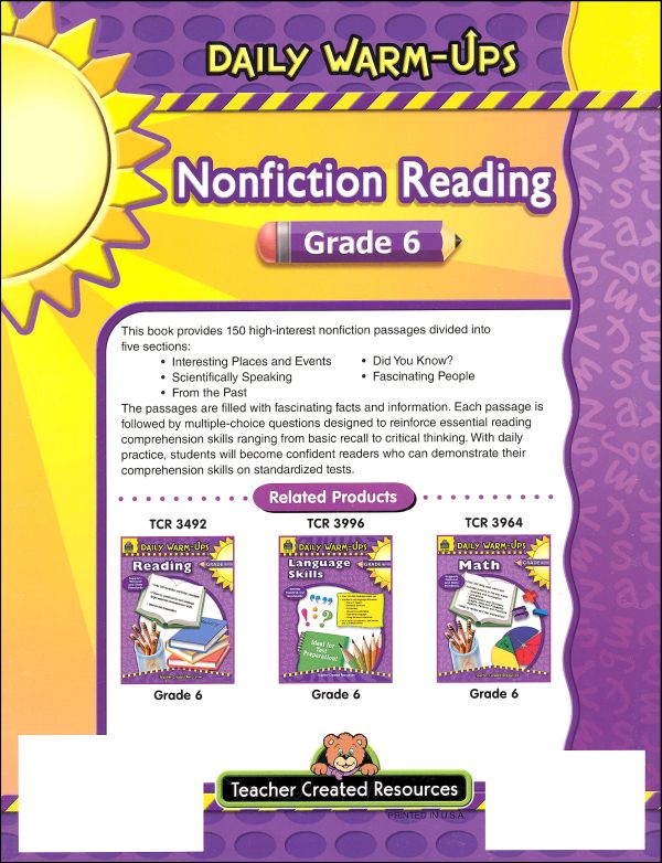 Daily Warm Ups Nonfiction Reading Grade 6 Teacher Created Resources 9781420650365 5156