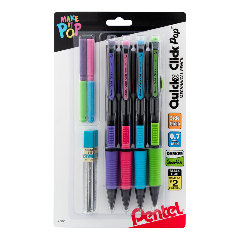 4 count Slide up Eraser #2 Pencil Quick Click 0.7 Mechanical Pencils Color Variety
