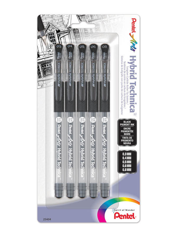 Pentel Hybrid Technica Pigment Ink Pen with Assorted Tip Sizes Black