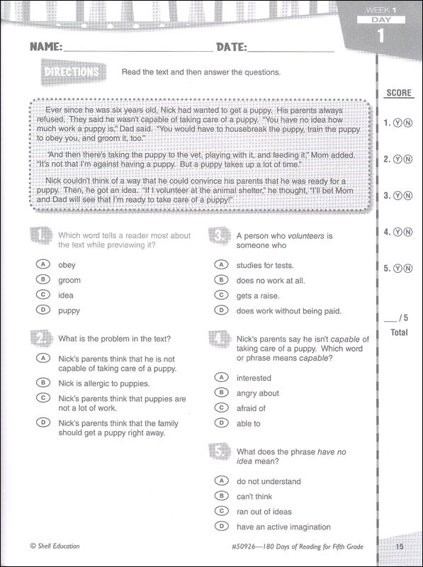180 Days of Reading Grade 5 | Shell Education | 9781425809263