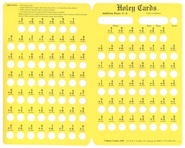 Holey Card Addition Facts w/ answers 0-9
