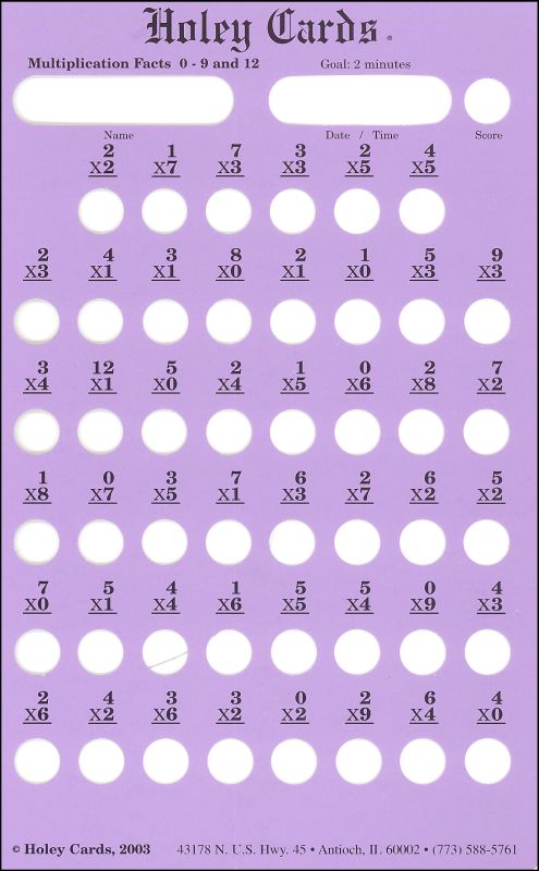 Holey Card Multiplication Facts with Answers 0-9 & 12