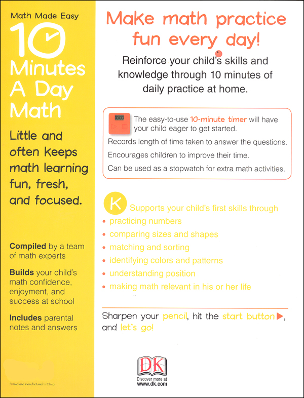 10 Minutes a Day Math Kindergarten Dorling Kindersley 9781465402325