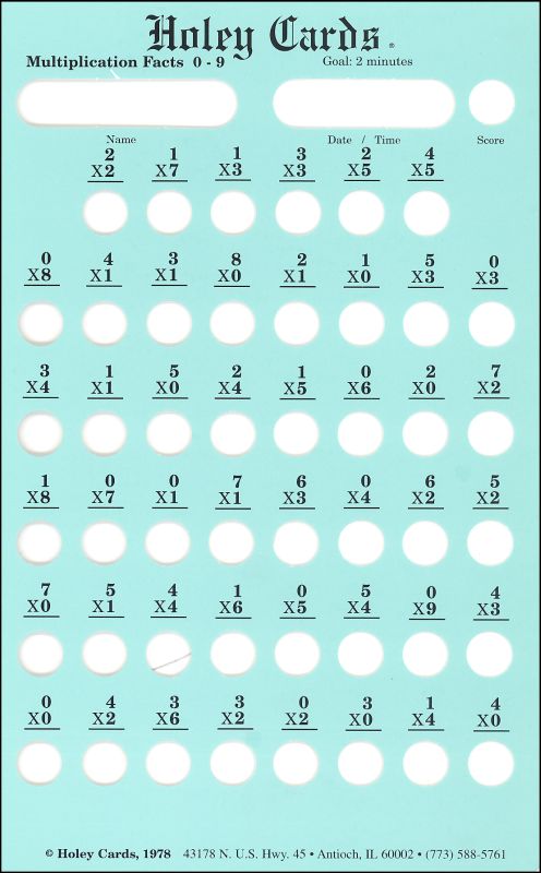 Holey Card Multiplication Facts with Answers 0-9