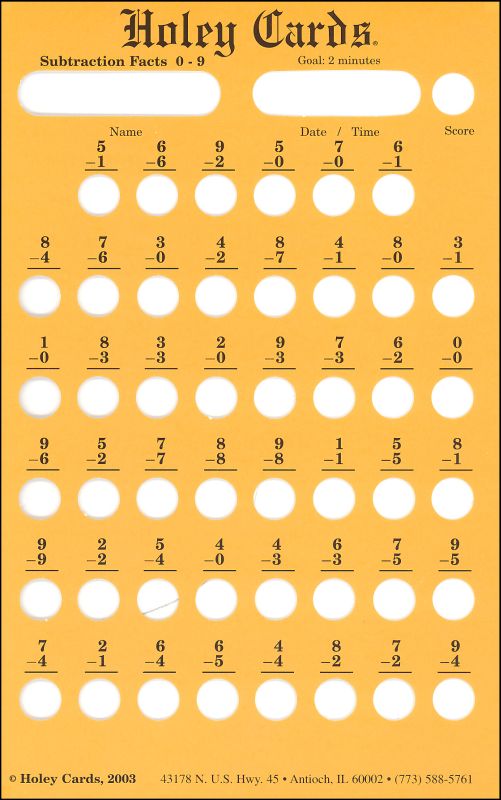 Holey Card Subtraction Facts w/ answers 0-9