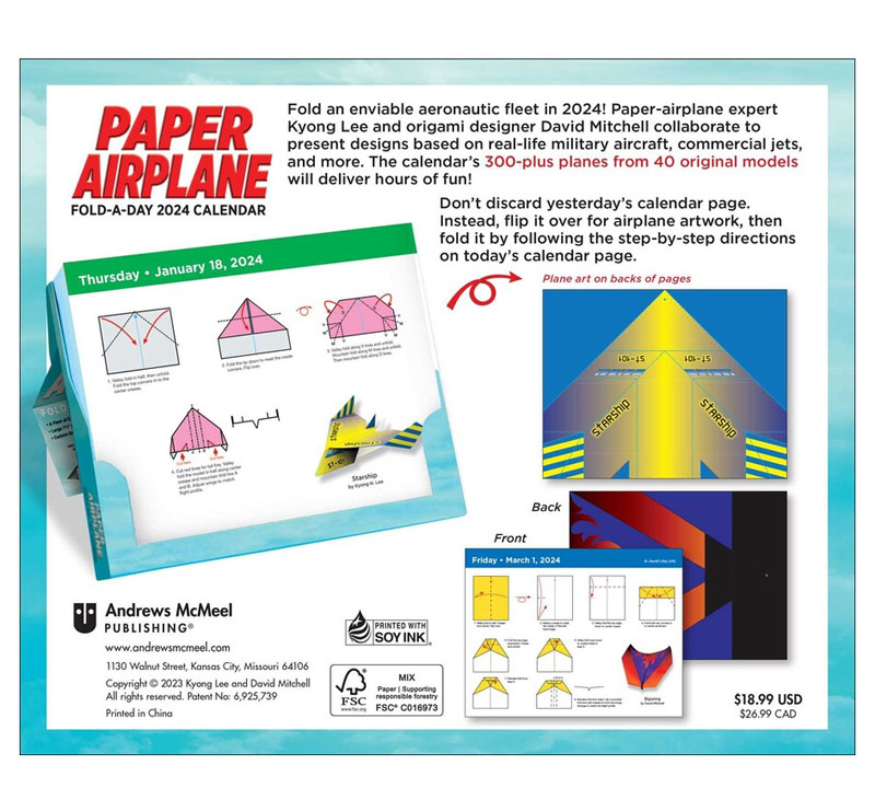 Paper Airplane FoldADay 2024 Calendar Andrews & McNeel 9781524880019