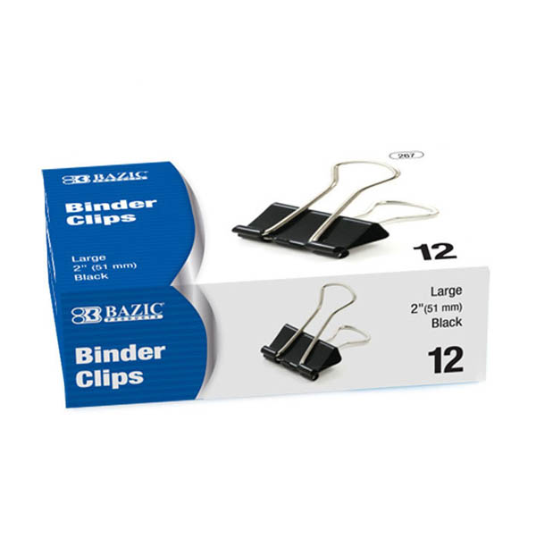 Binder Clips (2") Box of 12 Large, Black Bazic Products