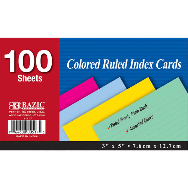 Ruled Colored Index Cards (3" x 5") 100 Count