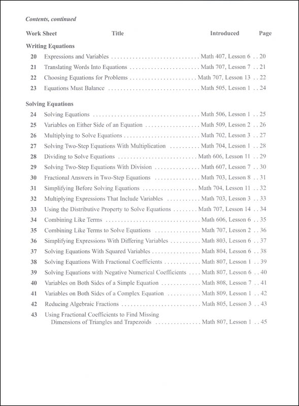 Algebra Math Skill Development Worksheets Christian Light