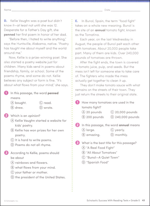 Reading Tests Grade 5 (scholastic Success Wit 