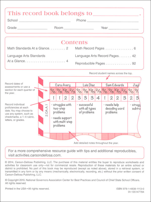 Common Core Assessment Record Book Grade 2 CarsonDellosa