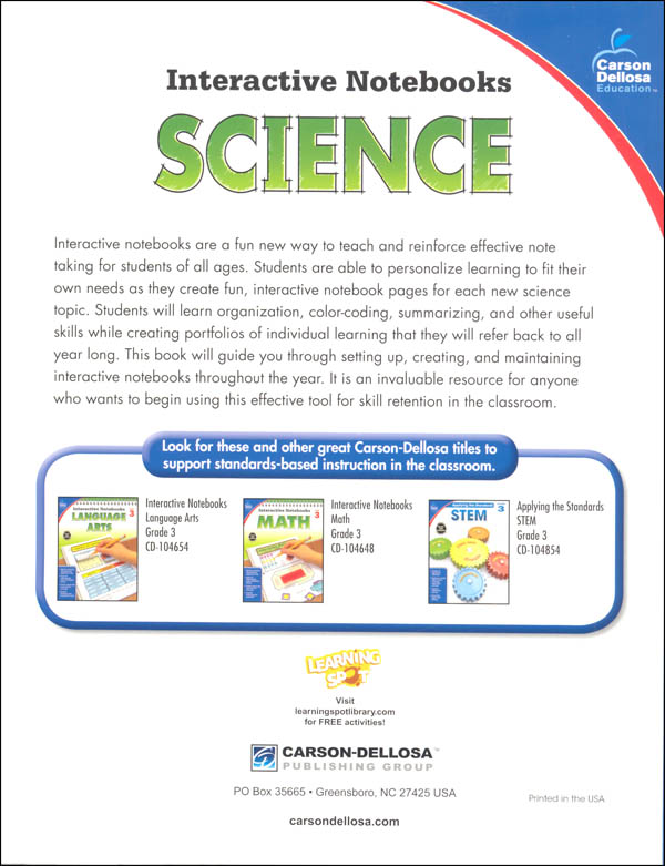 Interactive Notebooks Science  Grade 3  CarsonDellosa  9781483831237
