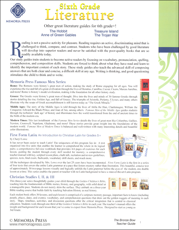 Bronze Bow Literature Teacher Guide Memoria Press 9781615380732