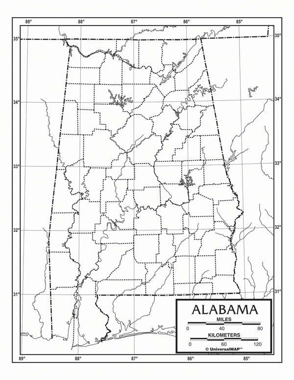Alabama Map Laminated single (8+" x 11") | UniversalMap