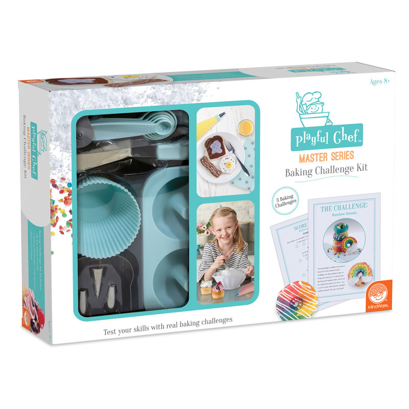 Safe Creative Challenges for Kids to Explore Cooking Skills MindWare Playful Chef Master Series Cooking Challenge Kit Ages 8+ 1 Apron and 3 Cooking Challenge Recipes Includes 22 Kitchen Tools 