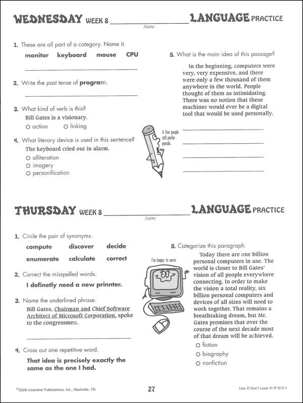 Use It! Don't Lose It! Daily Language Practice Grade 6 Incentive