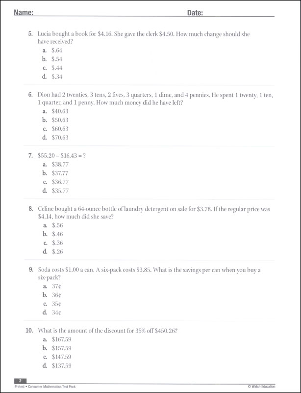 Consumer Math Test Pack Power Basics Walch Education 9780825157585 4168