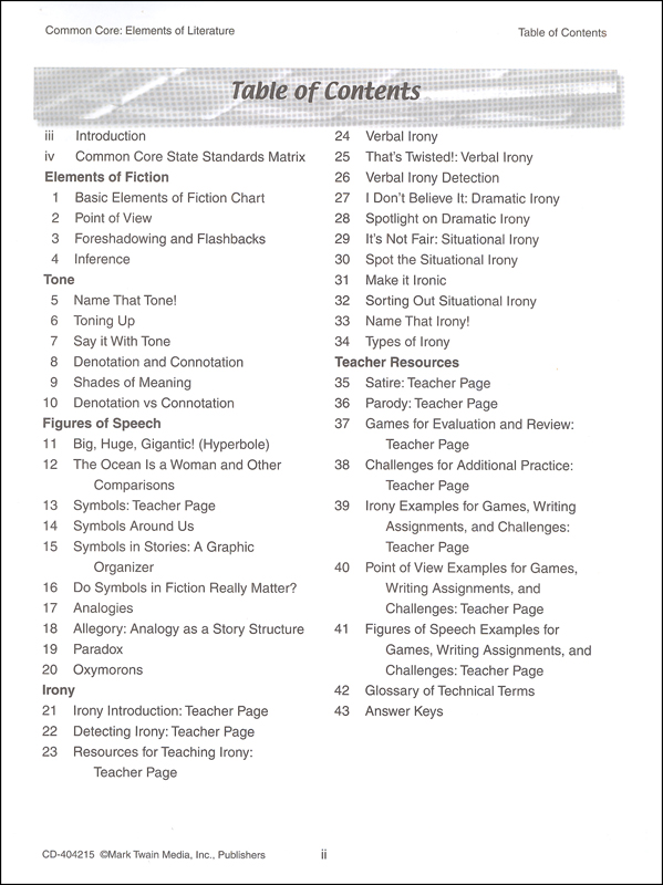 Common Core Elements Of Literature Mark Twain Media Mark Twain Media Common Core