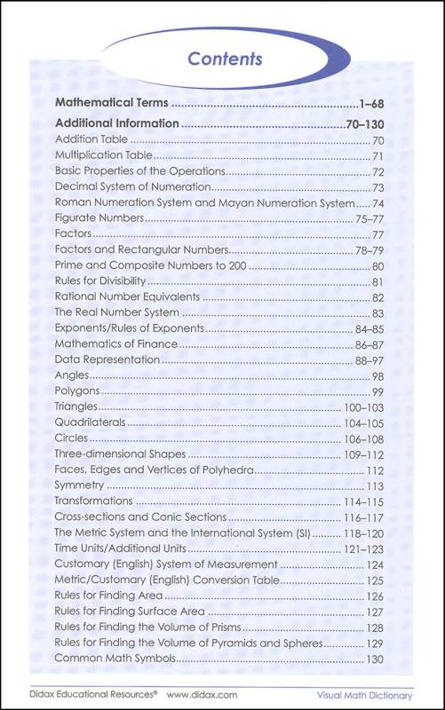 Visual Math Dictionary Didax 9781583242605