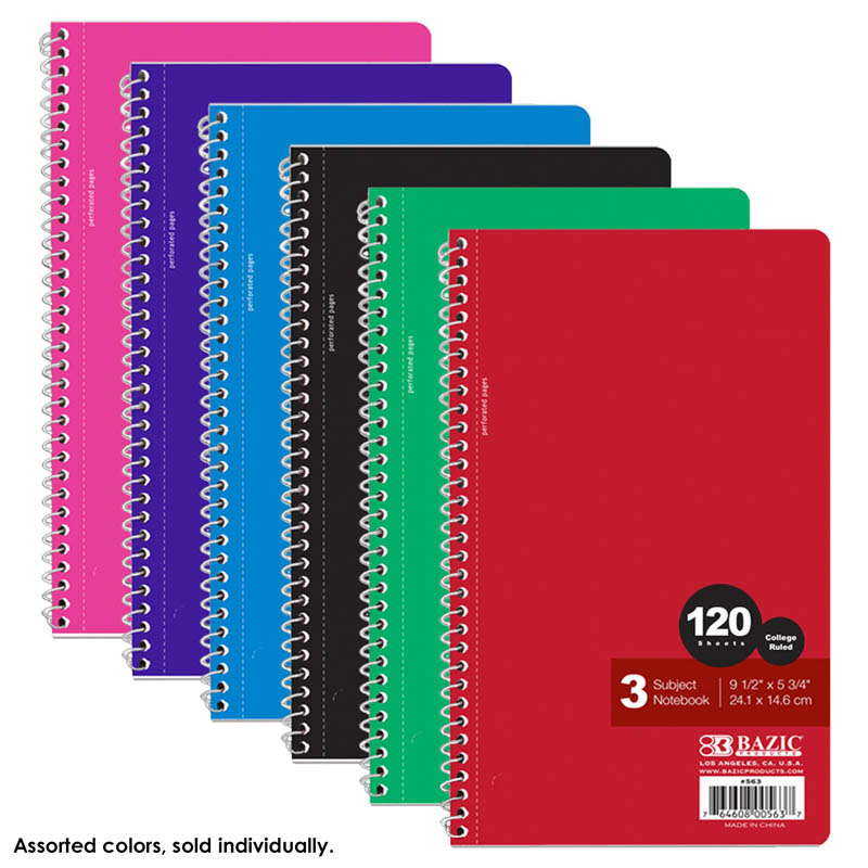 Spiral Bound College Ruled 3 Subject Notebook 9 5 X 5 75 120 Sheets 