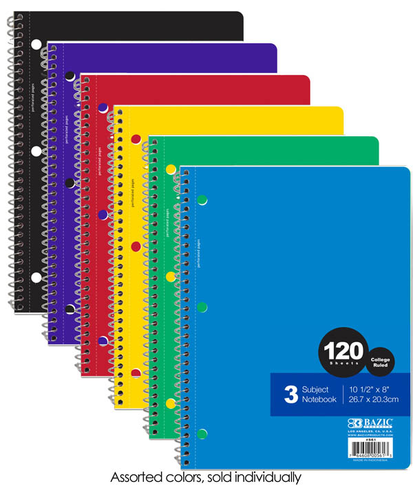 Spiral-Bound College Ruled 3-Subject Notebook 120 Sheets | Bazic Products