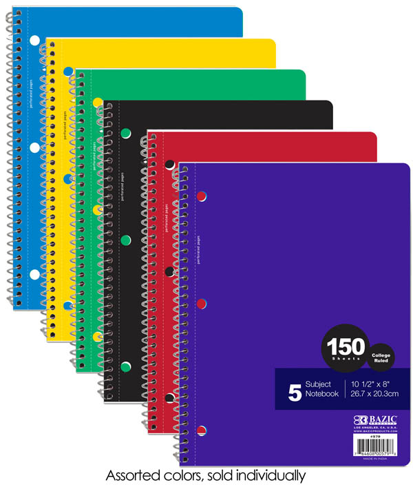 Spiral-Bound College Ruled 5-Subject Notebook 150 Sheets | Bazic Products